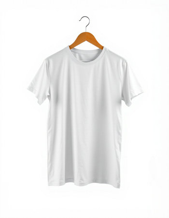 White t-shirt on a hanger on a white background.