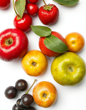 Fruits on a white background, close-up, top view