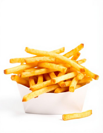Golden French fries in a paper box isolated on a white background.