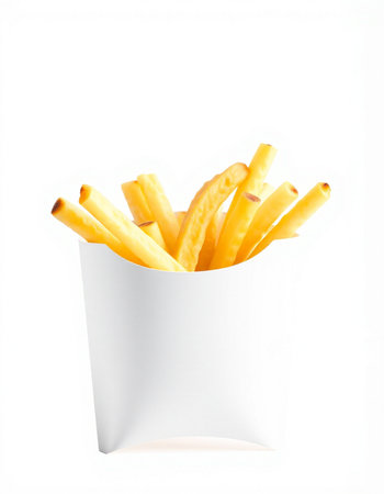 French fries in paper box isolated on white background. Fast food.
