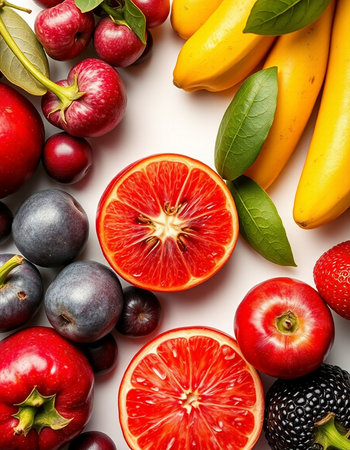 Fruits and berries on a white background. View from above.