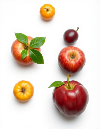 Apples and plums on a white background. View from above.の写真素材