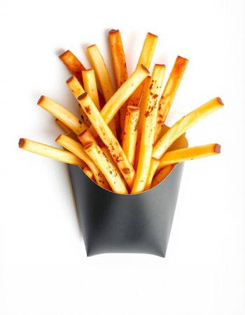 French fries in black box isolated on white background. Top view.の写真素材