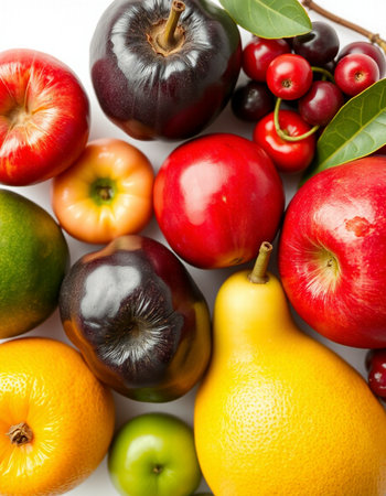 Fruits and vegetables isolated on a white background. Top view.の写真素材