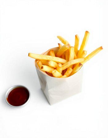 French fries in paper box with sauce on white background, top view