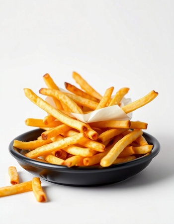French fries in black bowl on white background. Selective focus.