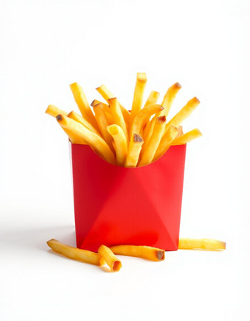 French fries in red box isolated on white background, clipping path includedの写真素材