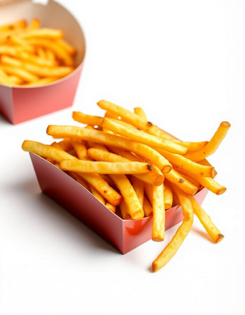 French fries in a box on a white background. Selective focus.