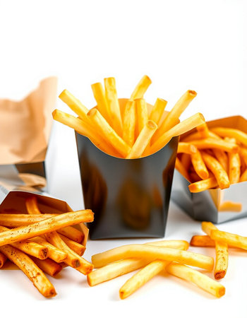 French fries in a paper box on a white background. Selective focus.