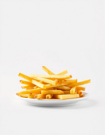 Golden French fries potatoes on a white plate isolated on a white background