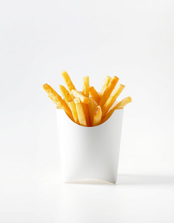 French fries in a white paper box on a white background with copy space