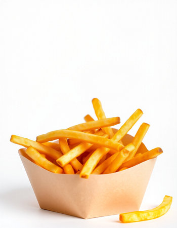 Golden French fries in paper box isolated on white background. Selective focus.