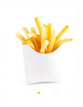 French fries in paper box isolated on white background. Fast food.