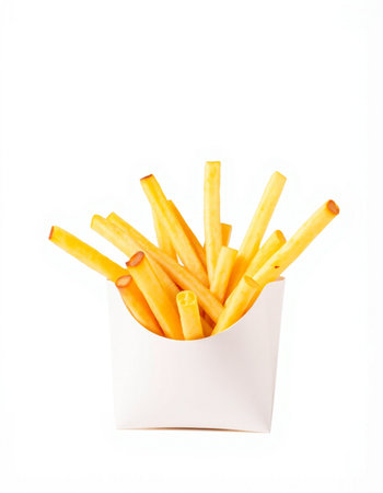 French fries in paper box isolated on white background. Selective focus.
