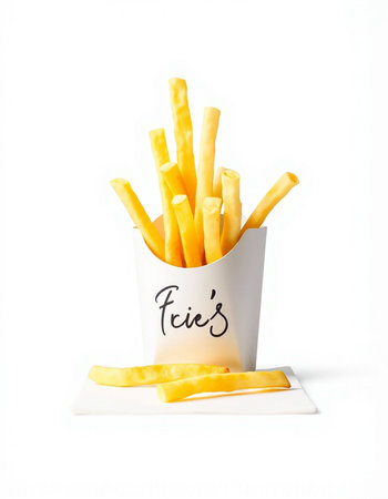 French fries in a paper box on a white background with the inscription French