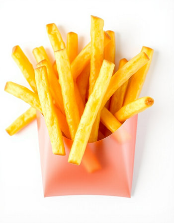 Golden French fries in a paper bag on a white background, top view