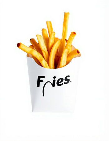 French fries in paper bag isolated on white background. Fast food concept.