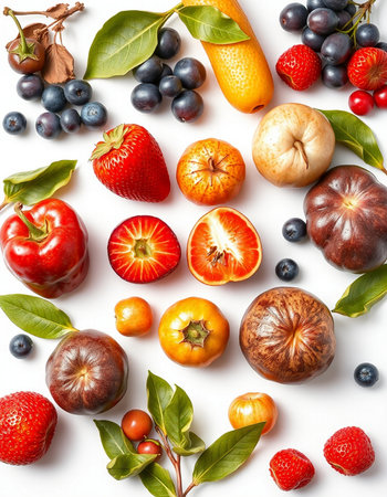 Fruits and vegetables on a white background. View from above.