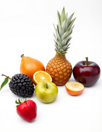 Fruits isolated on a white background. Pineapple, pears, apples, blackberries and oranges.の写真素材