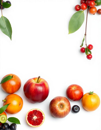 Fruits and berries on white background. Flat lay, top viewの写真素材