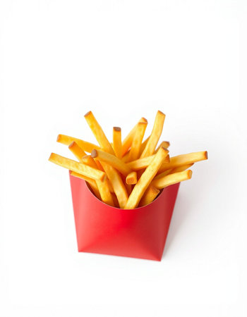 French fries in red box isolated on white background. Fast food.の写真素材