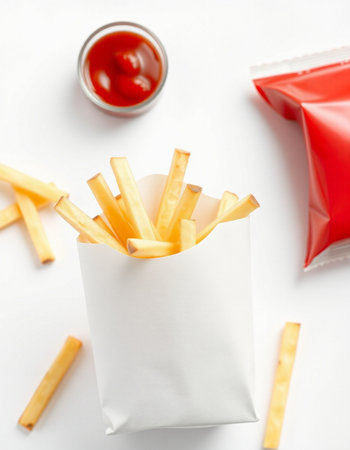 French fries in paper bag with ketchup on white background, top viewの写真素材