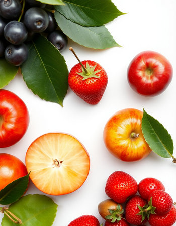 Fruits and berries on a white background. Flat lay, top view.