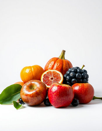 Autumn still life with pumpkins, apples and berries on a white backgroundの写真素材