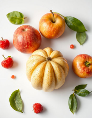 Autumn fruits on a white background. Flat lay, top viewの写真素材