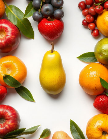 Composition with different fruits and berries on white background, top view