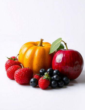 Pumpkin, berries and apples isolated on a white background.