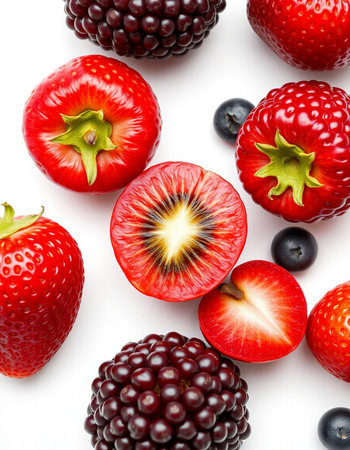 Strawberry, blackberry, raspberry and blueberry on white backgroundの写真素材