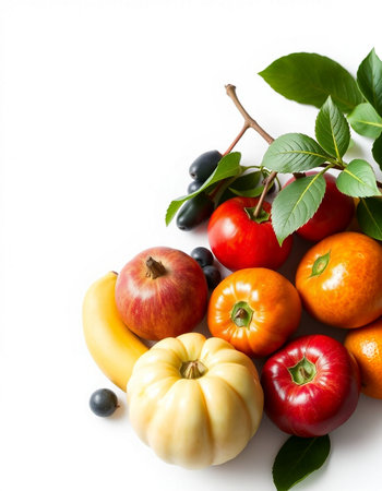 Fresh fruits and vegetables isolated on white background. Healthy food concept.