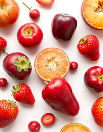 Strawberries, oranges and cherries on a white background.の写真素材