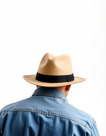 back view of man in hat and denim jacket isolated on white backgroundの写真素材