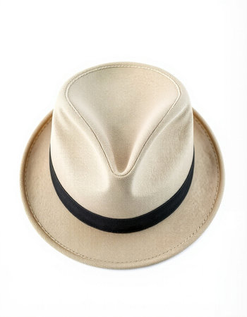 Beige hat isolated on white background. Hat with black ribbon.の写真素材