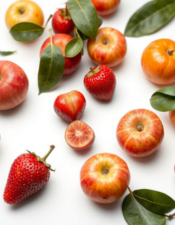 Red apples and strawberries on a white background. Close-up.の写真素材