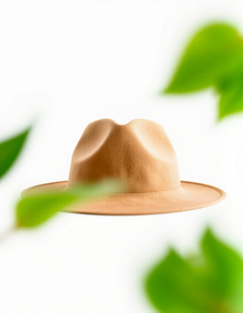 Beige hat with green leaves on a white background, close-upの写真素材