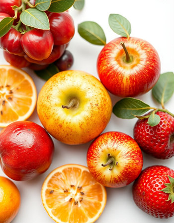 Fruits and berries on a white background, close-up.の写真素材