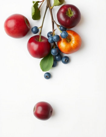 Red apples, blueberries and apricots on a white backgroundの写真素材