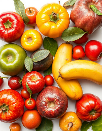 Fruits and vegetables on a white background. Flat lay, top view