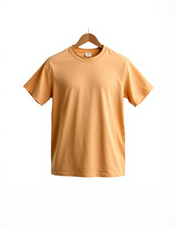 Orange t-shirt on a hanger isolated on a white backgroundの写真素材