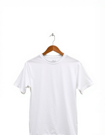 White t-shirt on wooden hanger isolated on white background.の写真素材