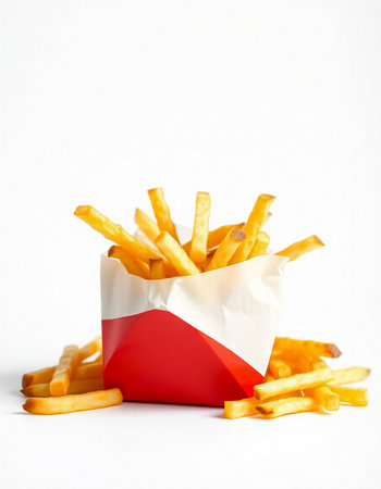 French fries in paper box on white background. Fast food concept.