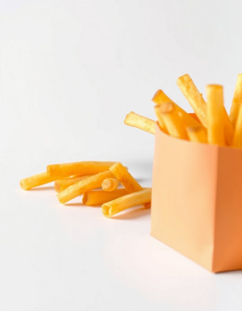 French fries in a paper box on a white background. Selective focus.の写真素材