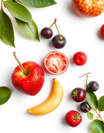 Fresh fruits and berries isolated on white background. Flat lay, top viewの写真素材