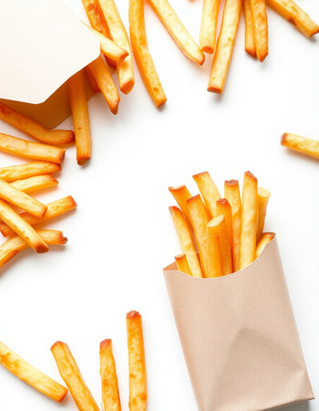 French fries in paper bag isolated on white background. Top view.