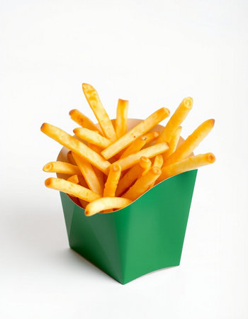 French fries in a green box on a white background. Isolatedの写真素材