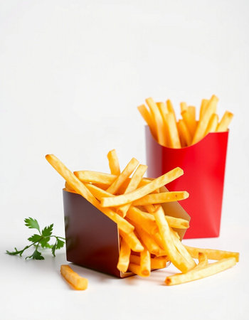 French fries in a red paper box with parsley on a white background