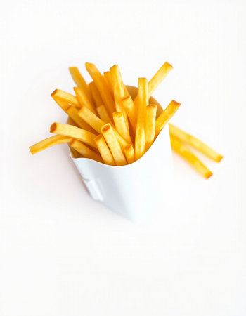 French fries in a white box on a white background. Selective focus.の写真素材